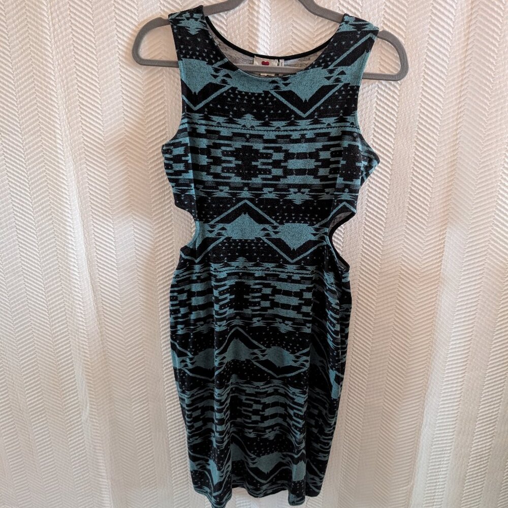 One Clothing Cut Out Dress Teal & Black Patterned Bodycon Summer Size Small